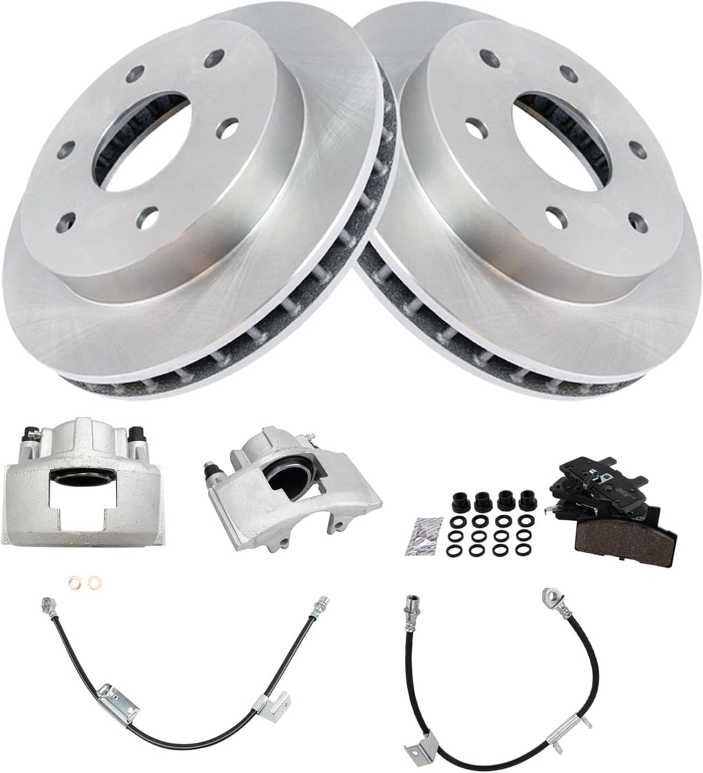 TRQ Front Brake Pad and Rotor Set Ceramic Rotors Calipers Hoses Compatible with 2000 Cadillac Escalade