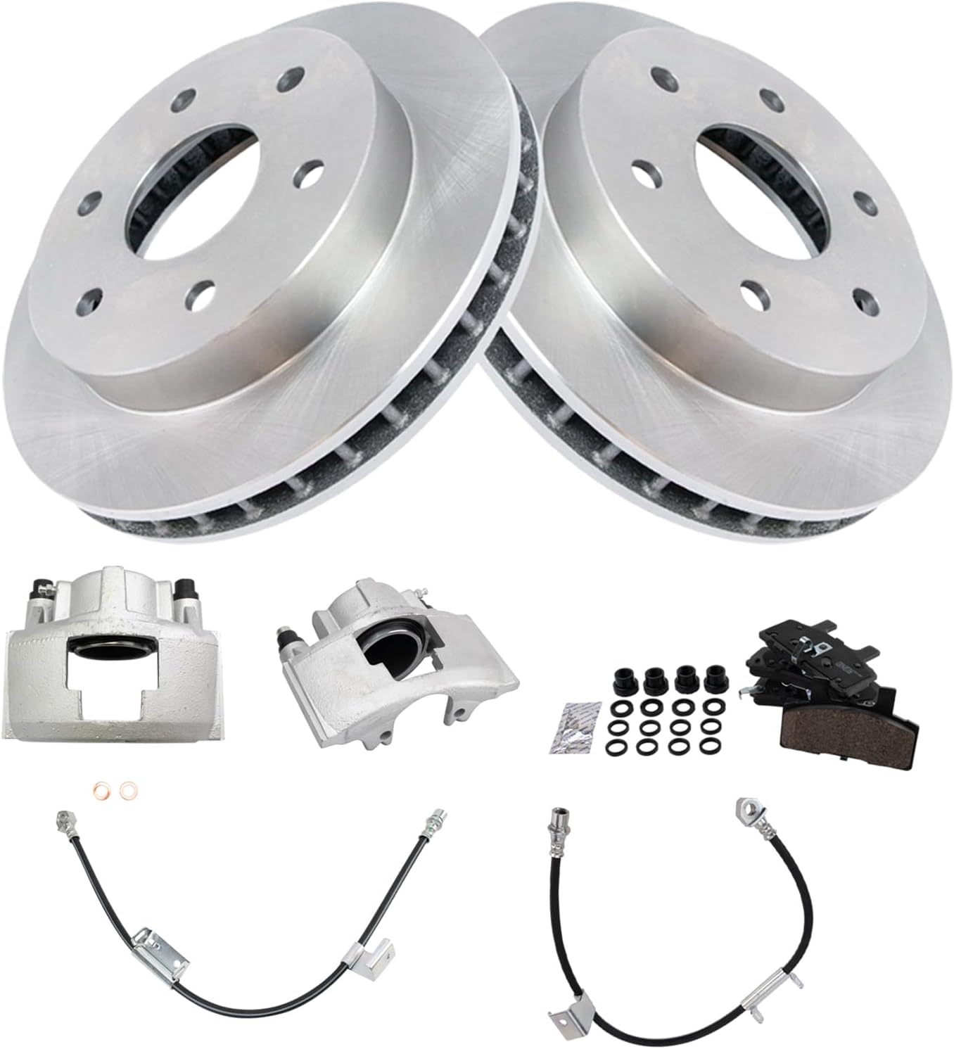 TRQ Front Brake Pad and Rotor Set Ceramic Rotors Calipers Hoses Compatible with 2000 Cadillac Escalade