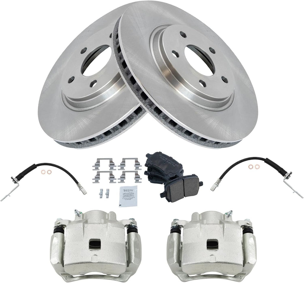 TRQ Front Brake Pad and Rotor Set Ceramic Rotors Calipers Hoses Compatible with 2005-2007 Chevrolet Cobalt 2008-2010 HHR 2007-2008 Pontiac G5 2005 Saturn Ion