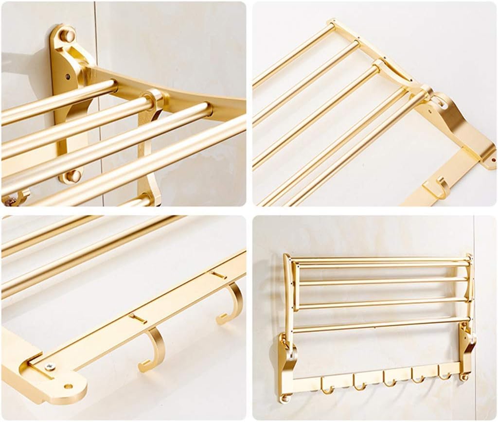 Space Aluminum Towel Rack Towel Rail Folding Wall Hanging Bathroom Kitchen Double Rack with Five Hooks Top of The Line Rack Gold (Size : Brown)