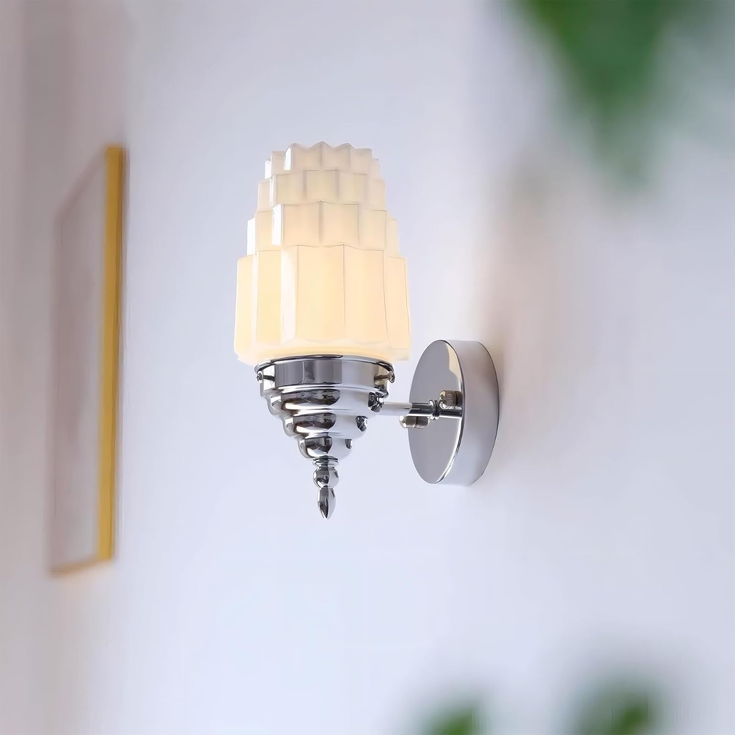 Art Deco Brushed Nickel Wall Sconce White Tiered Fluted Glass Shade 3-Color Adjustable Bulb Included Up and Down Mountable Vanity Light Fixture for Bathroom Bedroom Living Room Hallway Decor(Chrome)