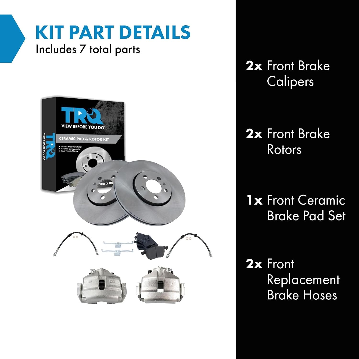 TRQ Front Brake Pad and Rotor Set Ceramic Rotors Calipers Hoses Wear Sensor Compatible with 2005 Volkswagen Jetta