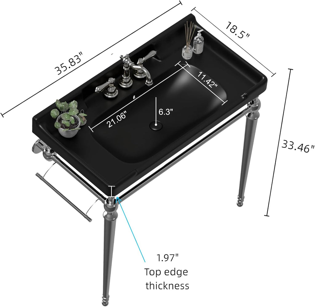 36'' Console Bathroom Sink, Freestanding Console Sink With Stainless Brushed Chrome Legs, Modern Bathroom Vanity with 3 Tap Holes, Black with Silver