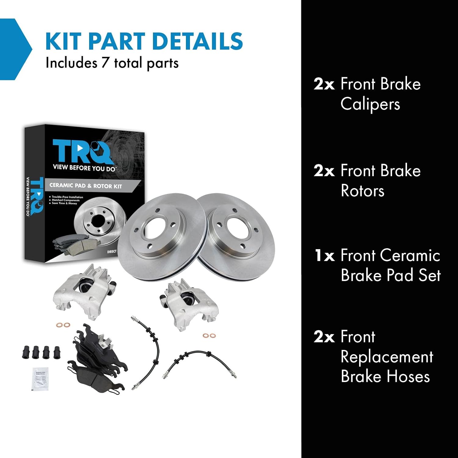 TRQ Front Brake Pad and Rotor Set Ceramic Rotors Calipers Hoses Compatible with 2000-2004 Ford Focus
