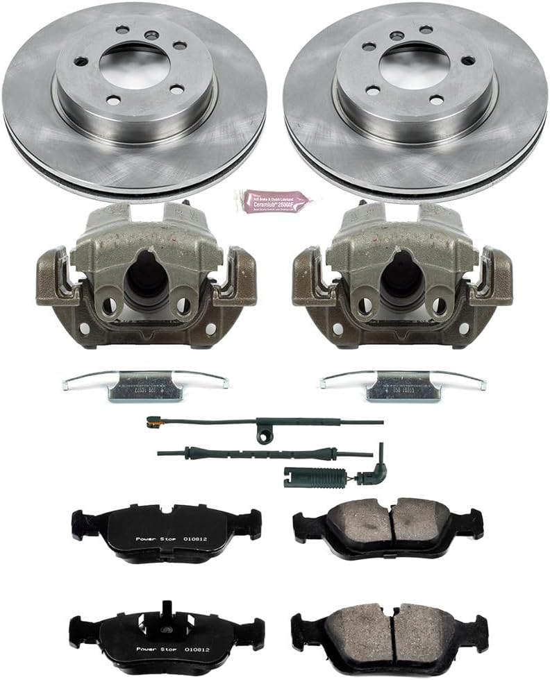 PowerStop Front Brake & Caliper Kit for BMW 323Ci 2000 |323i 2000 |325Ci 2001-06 |325i 2001-05 |328Ci 2000 |BMW 328i 1999-00 - Ceramic Brake Pads + Calipers + Disc Rotors Replacement, KCOE869