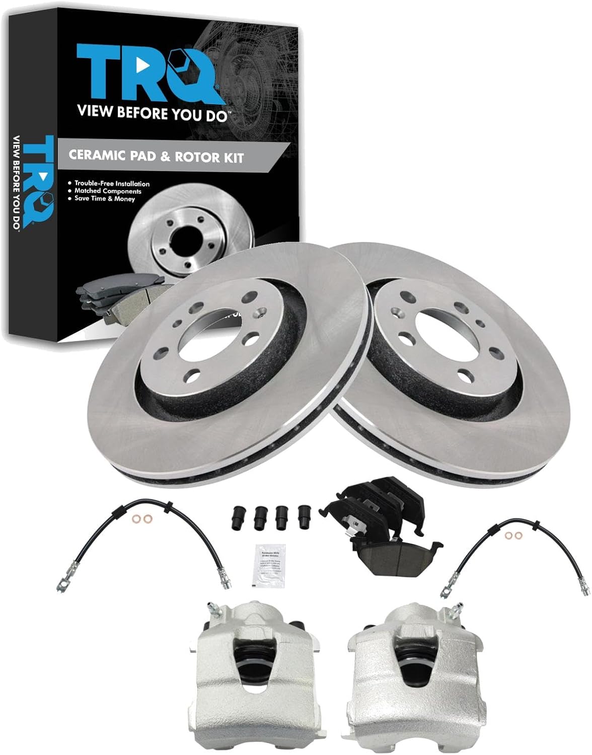TRQ Front Brake Pad and Rotor Set Ceramic Rotors Calipers Hoses Compatible with 1998-2010 Volkswagen Beetle 2000-2006 Golf 1999-2005 Jetta