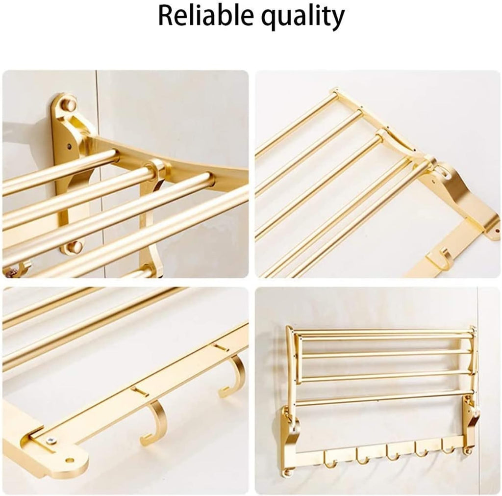 Towel Rack Towel Shelf Bathroom Towel Rail Foldable Double Wall Mounted Towel Holder with Hooks 60cm Aluminum Towel Rack with Multi Towel Bar for Kitchen Bathroom Toilet Hotel Office/Gold