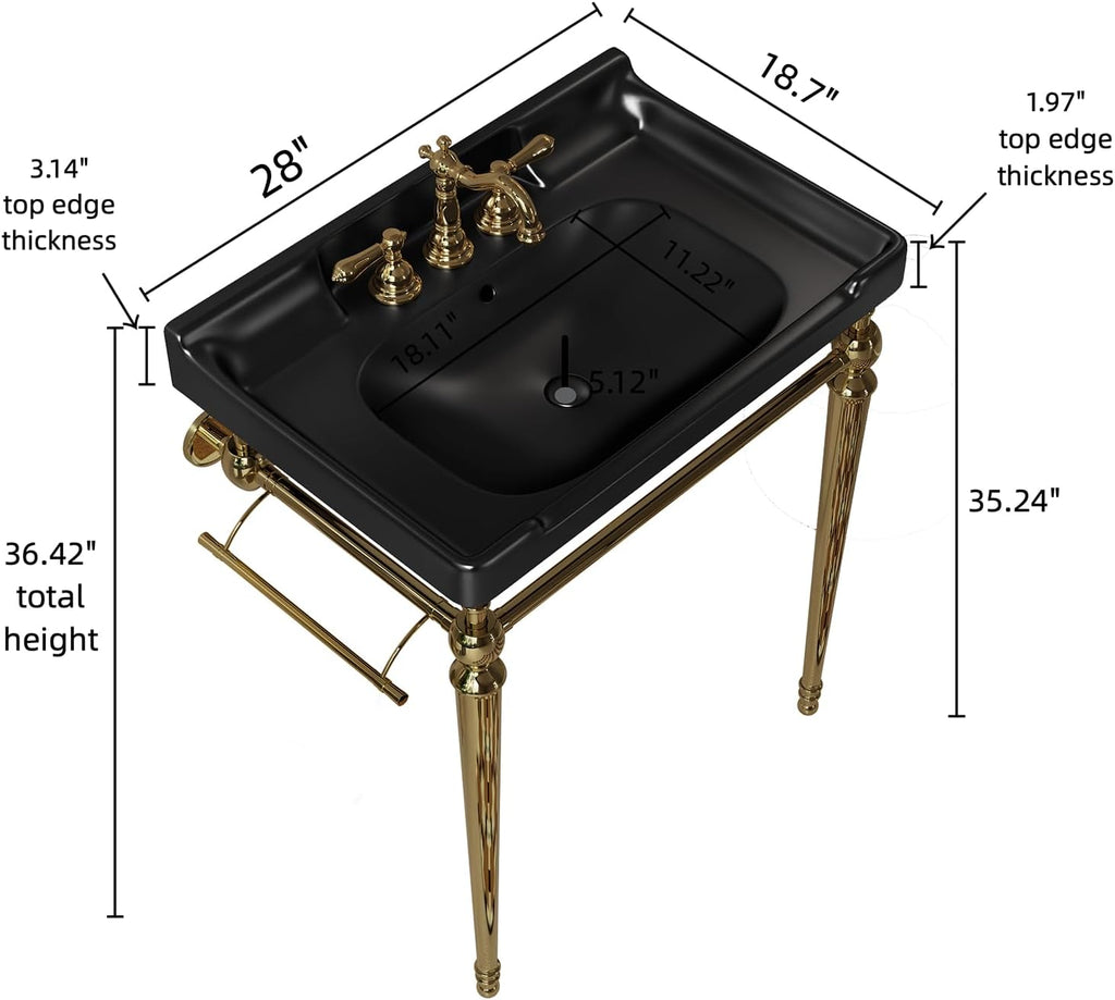 28' Free Standing Bathroom Vanity with Stainless Steel Brushed Gold Supporting Leg and Towel Rack, Black Bathroom Console Sink with 3 Tap Holes, Black