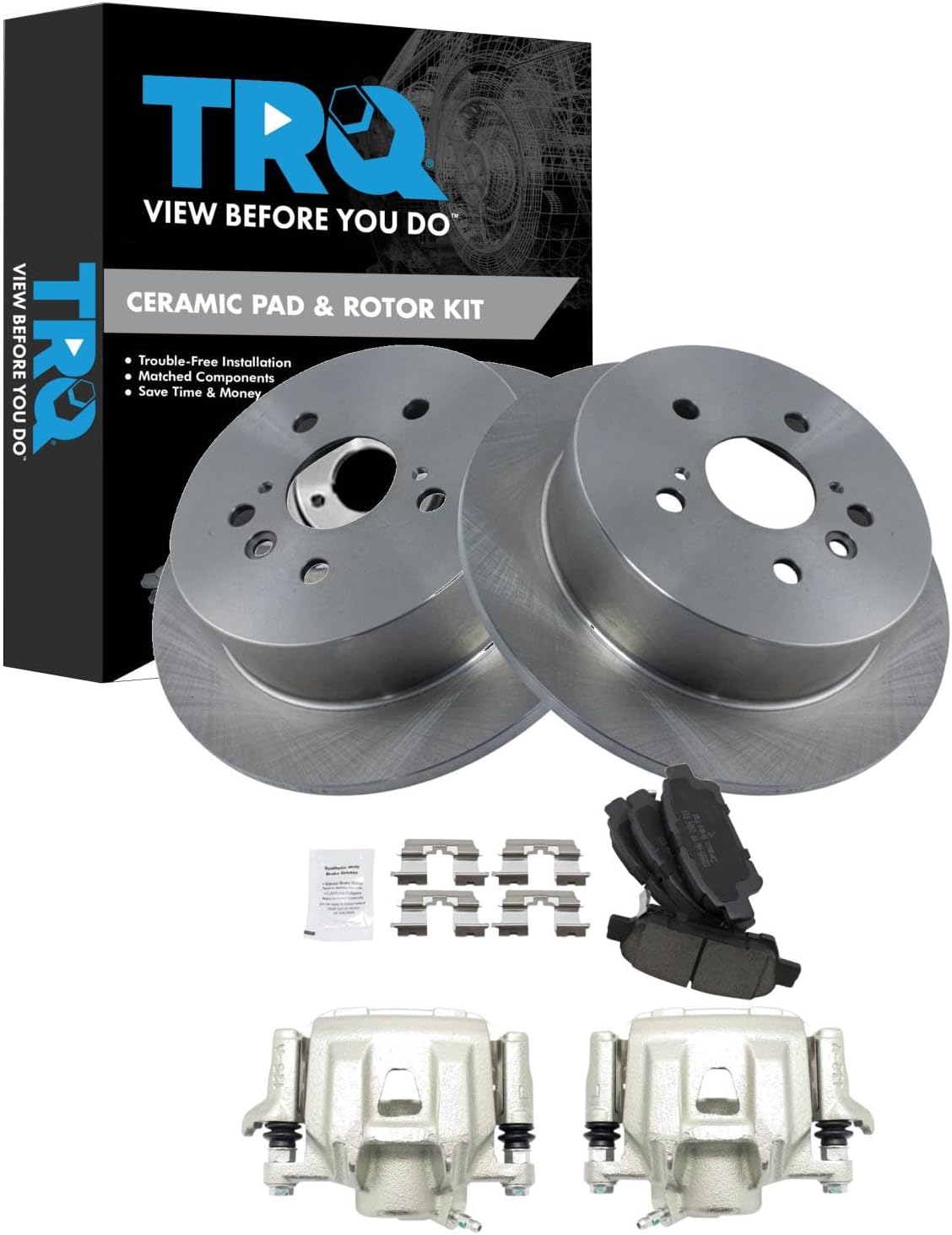 TRQ Rear Brake Pad and Rotor Set Ceramic Solid Rotors Calipers Compatible with 2004-2010 Toyota Sienna