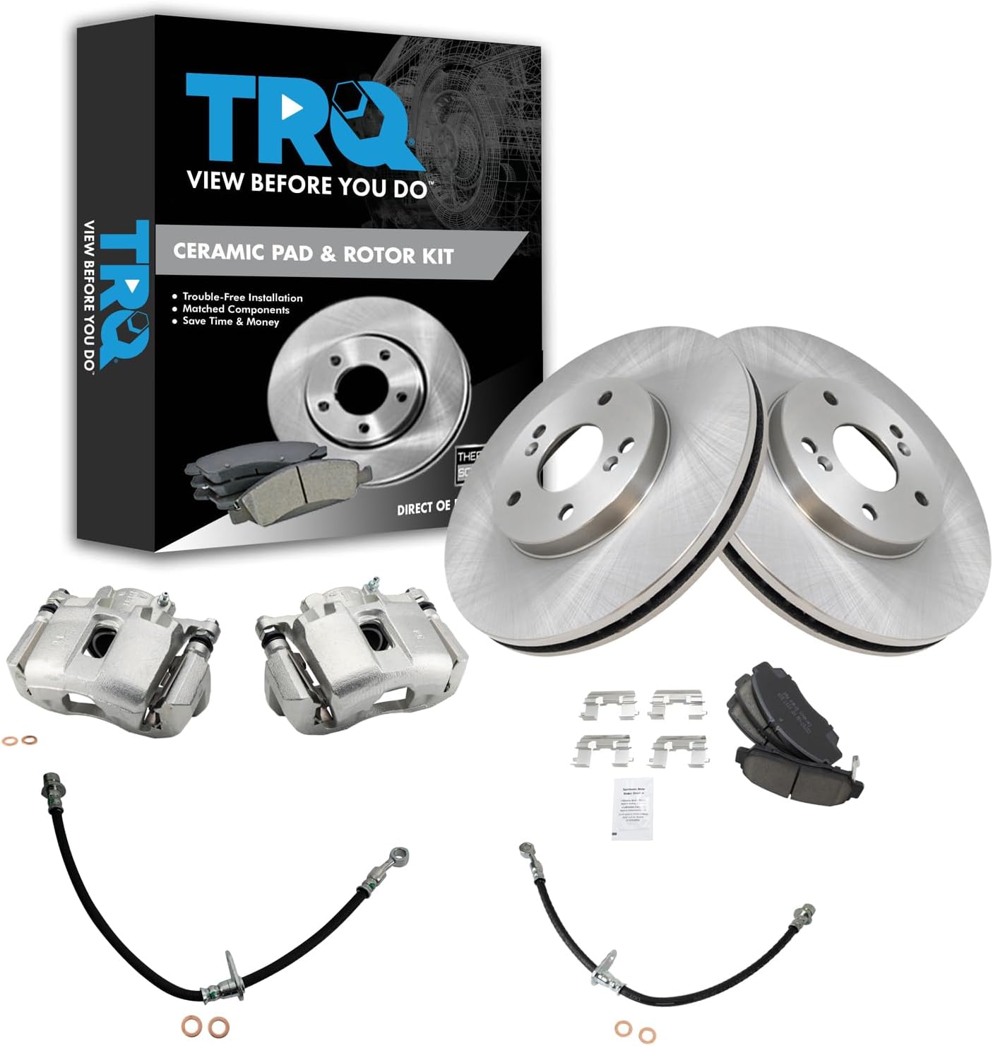 TRQ Front Brake Pad and Rotor Set Ceramic Rotors Calipers Hoses Compatible with 2004-2008 Acura TL 2004-2008 TSX 2003-2007 Honda Accord