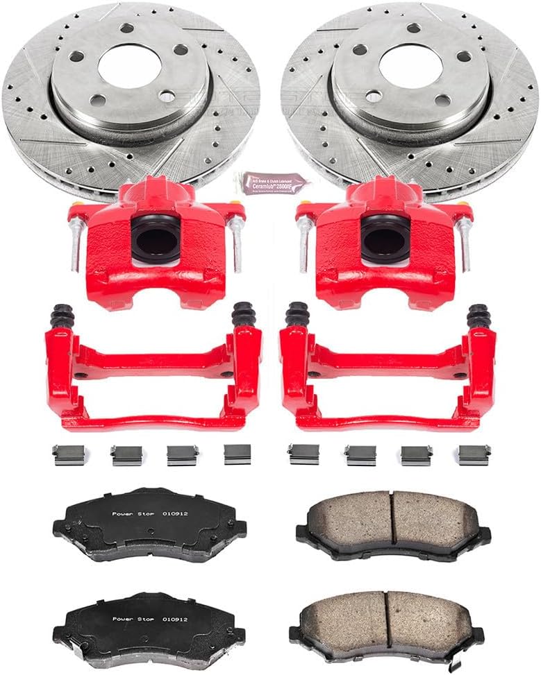 PowerStop Front Brake & Caliper Kit for Jeep Wrangler 2007-17 | Jeep Wrangler JK 2018 - Carbon-Fiber Ceramic Brake Pads + Drilled & Slotted Rotors + Red Powder Coated Calipers, KC3097
