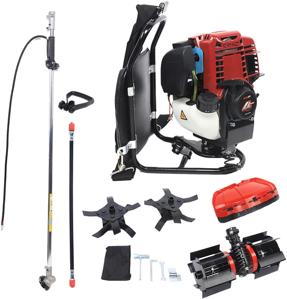 35.4CC Gas Powered Weed Wacker, 4-Stroke 1KW 4500-8500RPM Gasoline Weed Eater String Trimmer, Backpack Lawn Edge Cutter, Brush Cutter, Hedge Trimmer for Farmland Weeding, Harvesting, Clearing