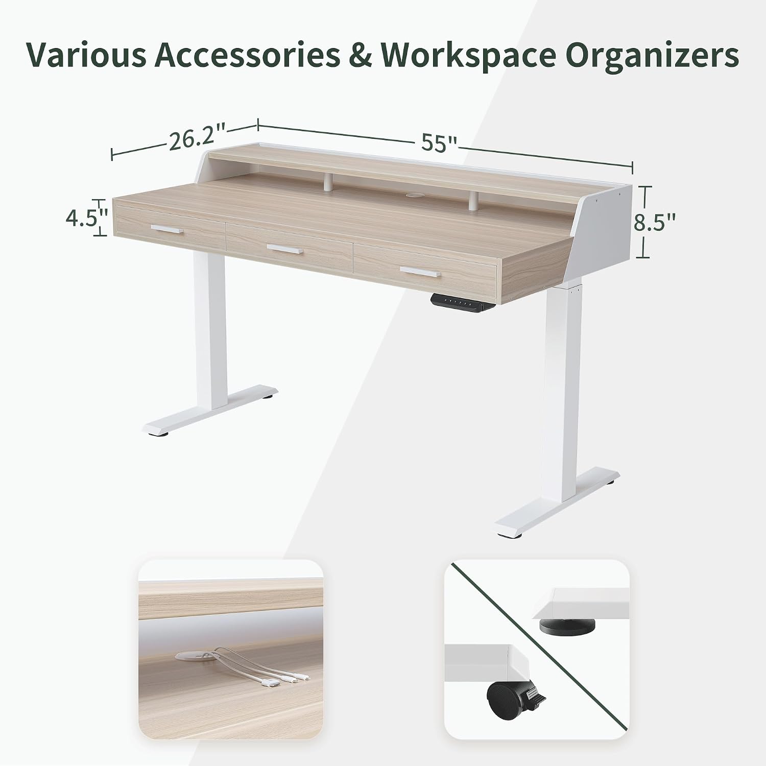 FEZIBO Electric Standing Desk 55x26 Inches with 3 Wood Drawers and Monitor Shelf, Height Adjustable Computer Desk, Ergonomic Rising Home Office Desks, Sit Stand Up Workstation Table, Light Walnut