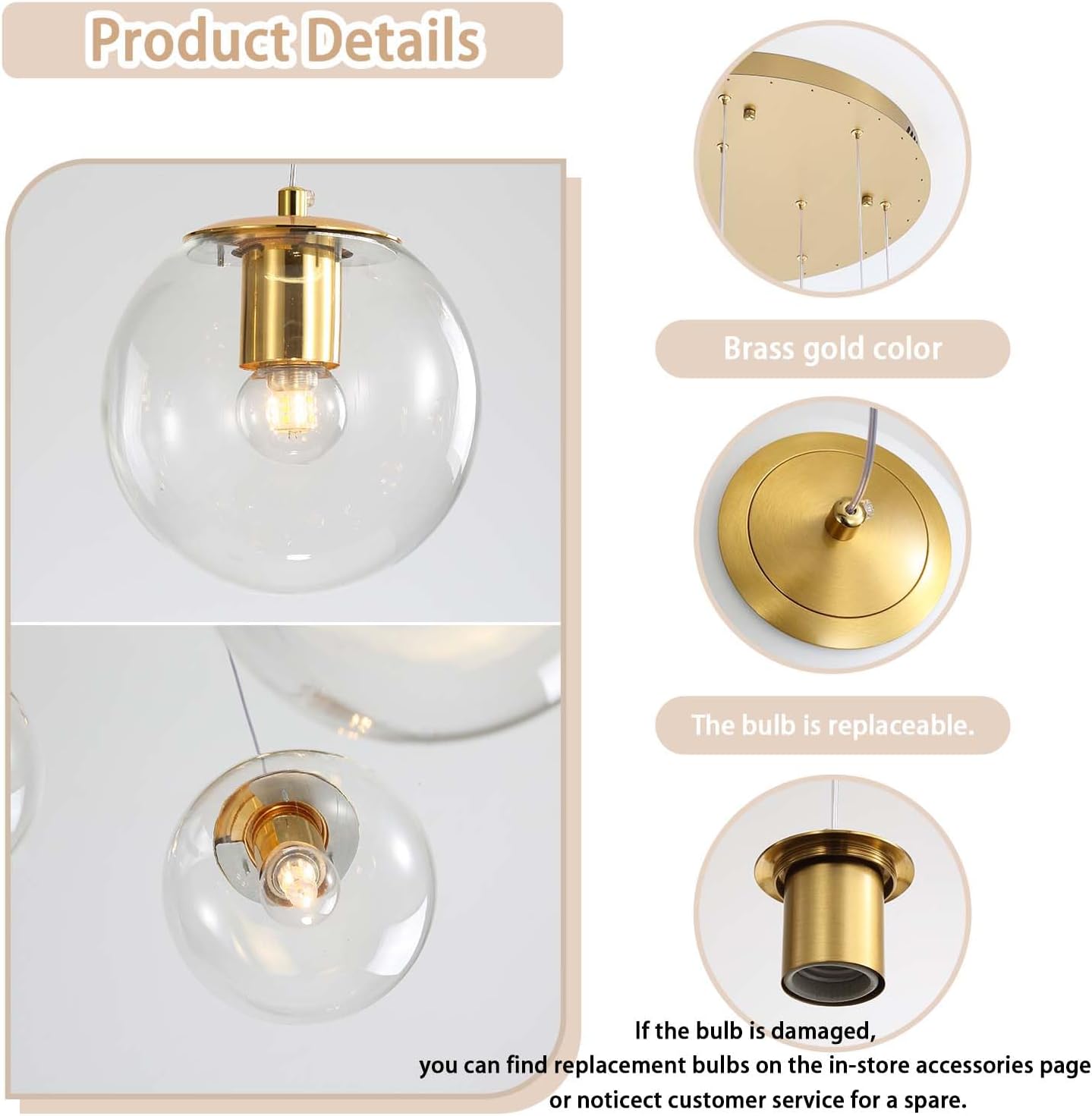 ykolupty Chandeliers for Dining Room Gold Dining Room Lights Fixture Over Table Glass Globe Pendant Lights Kitchen Island Adjustable Hanging Lamp Ceiling for Bedroom Entryway Foyer