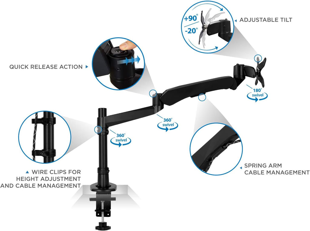Mount-It! Premium Modular Monitor Desk Mount Arm Stand | Full Motion Gas Spring Arm Fits 19 21.5 24 27 32 Inch Computer Screens with 75 100 VESA Patterns | C-Clamp and Grommet Bases | Black