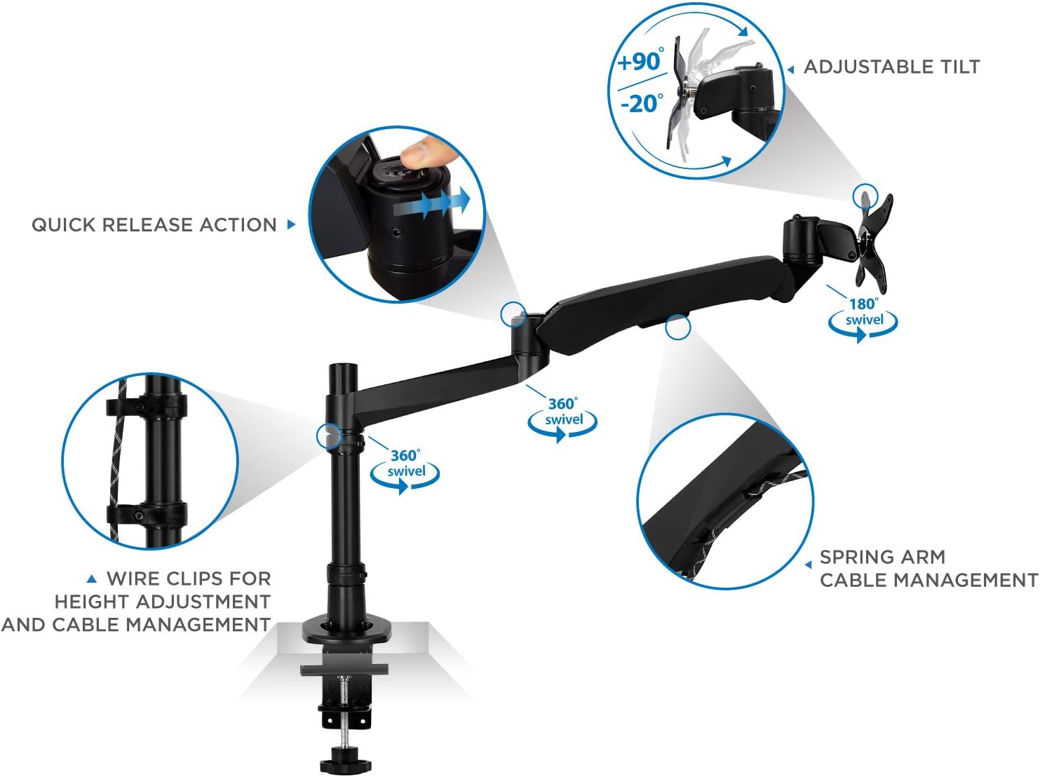 Mount-It! Premium Modular Monitor Desk Mount Arm Stand | Full Motion Gas Spring Arm Fits 19 21.5 24 27 32 Inch Computer Screens with 75 100 VESA Patterns | C-Clamp and Grommet Bases | Black