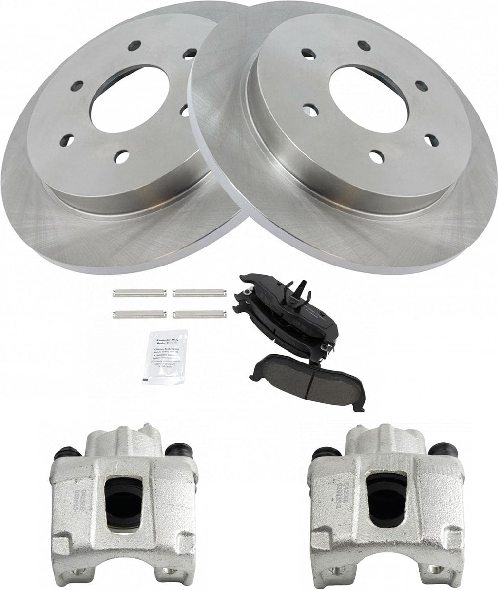 TRQ Rear Brake Pad and Rotor Set Ceramic Rotors Calipers Compatible with 2004-2010 Infiniti QX56 2004-2015 Nissan Titan 2004 Pathfinder Armada 2005-2015 Armada