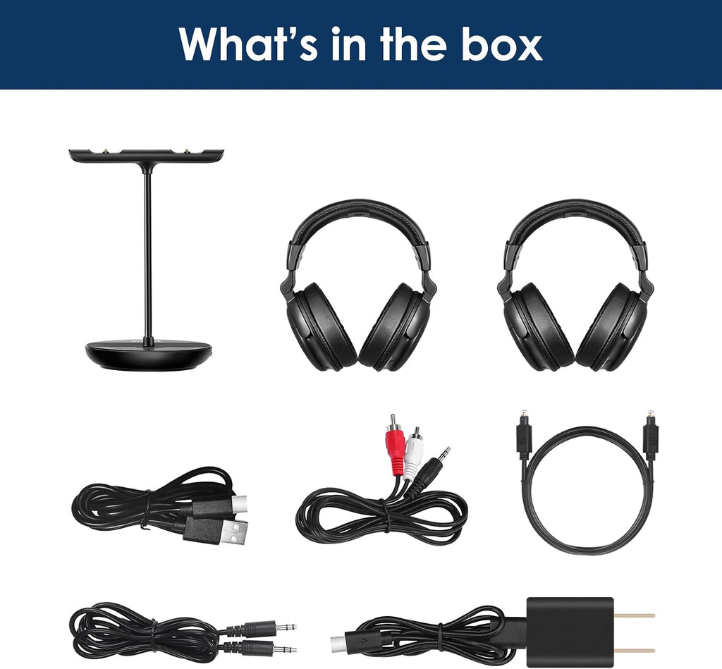 SIMOLIO Dual Wireless Headphones for TV Watching w/ 2.4G Transmitter & Charging Stand & Spare Battery, Dialog Clarifying, by-Pass, Tone & Balance Control, Clear Voice for Seniors, Long Range, SM829D2
