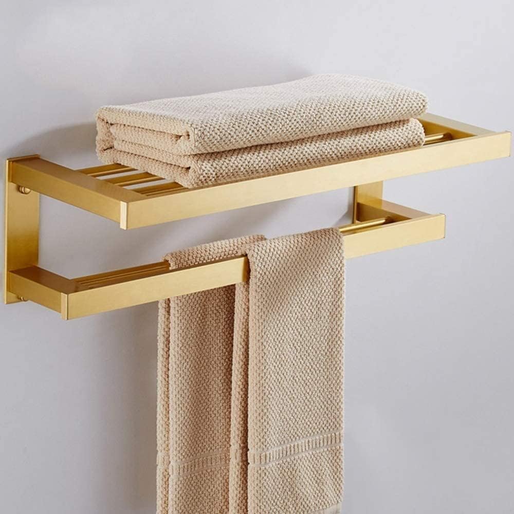 Gold Towel Rack Shelf with Double Towel Bar Alumium Alloy Wall Mount Towel Rail for Bathroom Decoration 70cm,Gold-50Cm