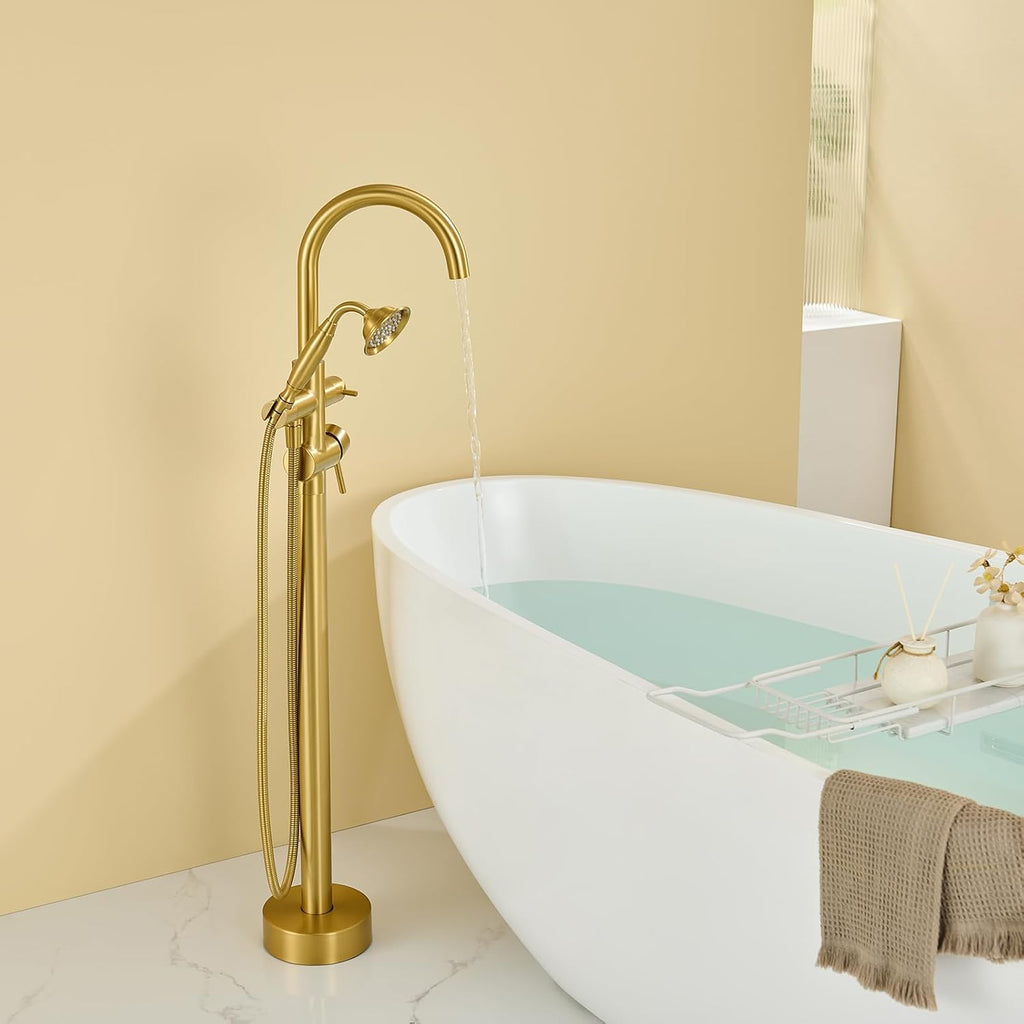 Wowkk Tub Filler Freestanding Bathtub Faucet Brushed Gold Floor Mounted Brass Bathroom Tub Faucets with Hand Shower