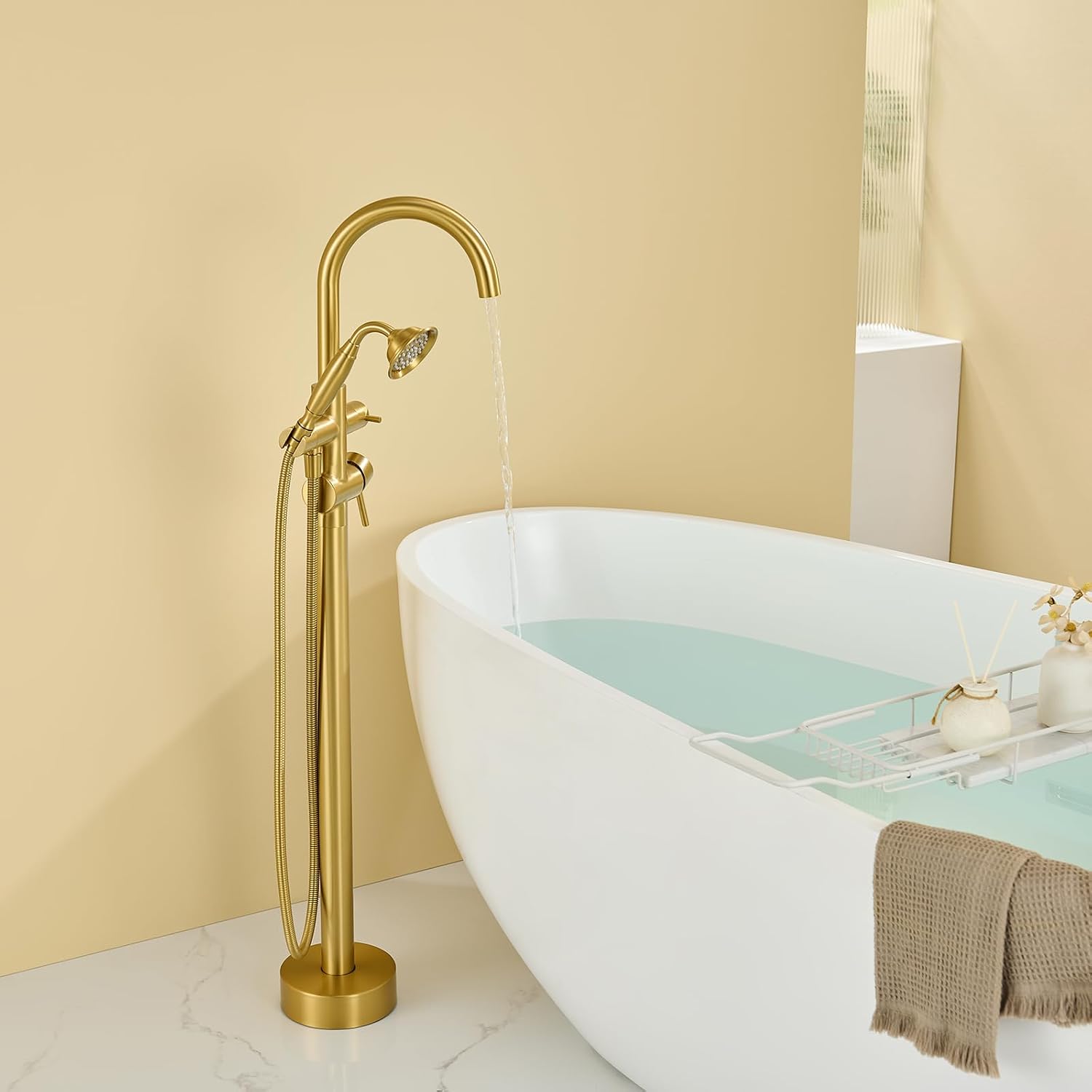Wowkk Tub Filler Freestanding Bathtub Faucet Brushed Gold Floor Mounted Brass Bathroom Tub Faucets with Hand Shower