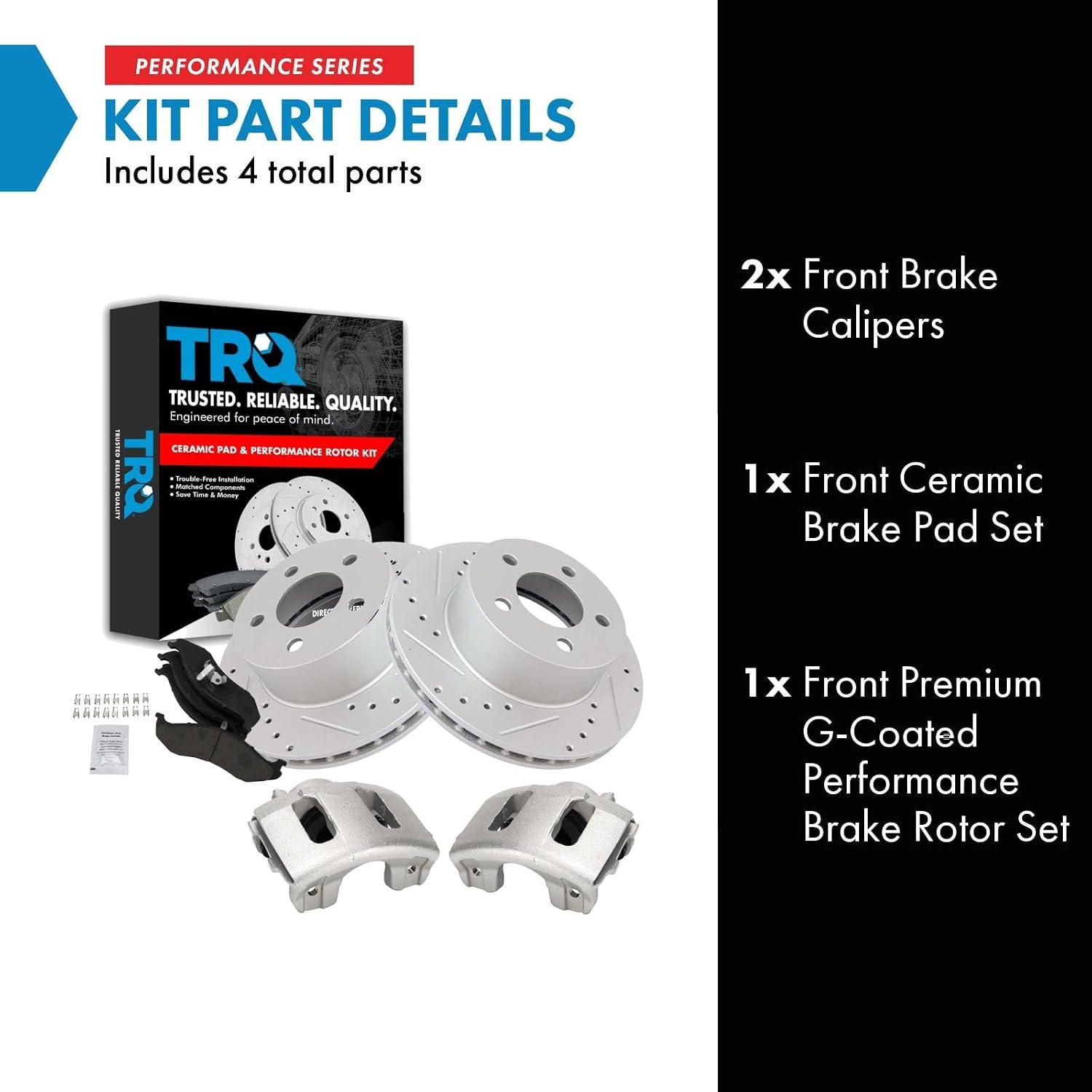 TRQ Performance Front Brake Pad and Rotor Set Ceramic Coated Drilled Slotted Vented Rotors Calipers Compatible with 91-98 Jeep Cherokee 91-92 Comanche 93-98 Grand Cherokee 91-99 Wrangler