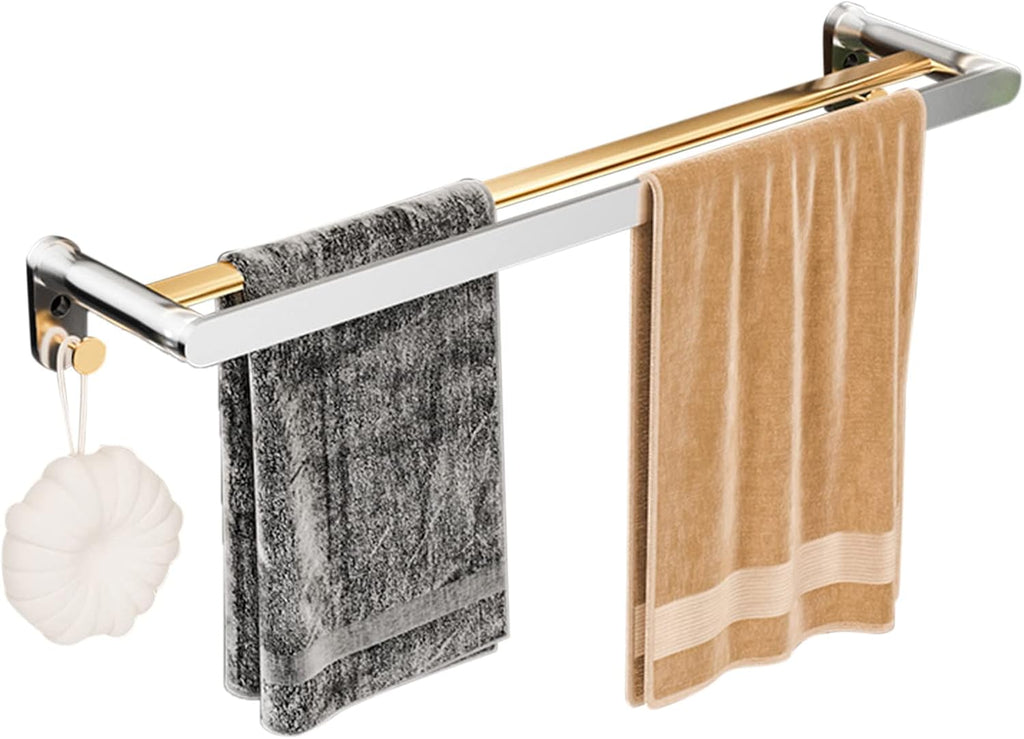 Towel Rack Towel Hanger Adhesive Towel Holder No Drill Towel Bar Double Bar Wall Mounted with Hook Space Aluminum for Bathroom Kitchen,Black,60Cm Bathroom Hardware/Gold/6