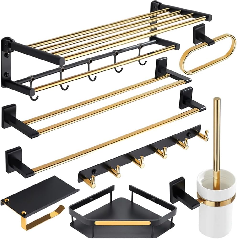 LSLYTQ Black Gold High-end Towel Rack, Bathroom Folding Shelf, Towel Bar, Toilet Paper Holder, Robe Hooks, Bathroom Accessories Kit