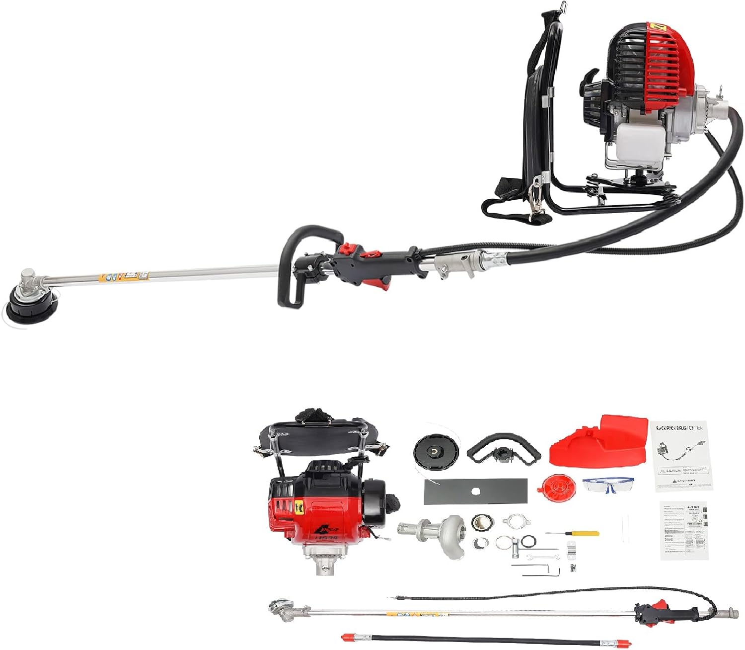 Brush Cutter Gas Powered 2 in 1 Backpack 4 Stroke Weed Wacker 31CC 750W Cordless Air Cooling Single Cylinder Gasoline Powered Tiller Grass Hedge Trimmer Lawn Mower, 8500RPM