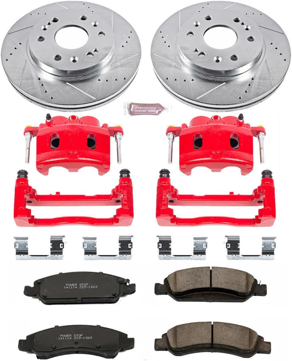 PowerStop Front Brake Kit for Cadillac Escalade 2008-20 |Escalade ESV 2008-20 |Escalade EXT 2008-13 - Carbon-Fiber Ceramic Brake Pads + Drilled & Slotted Rotors + Red Powder Coated Calipers, KC2069