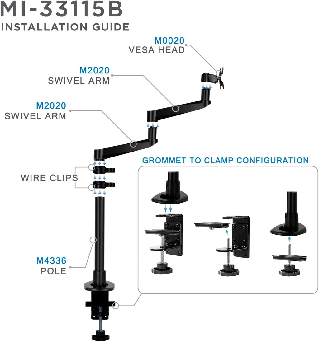 Mount-It! Premium Modular Monitor Desk Mount Arm Stand | Single Tilt Swivel Arm Fits 19 21.5 24 27 32 Inch Computer Screens with 75 100 VESA Patterns | C-Clamp and Grommet Bases | Black