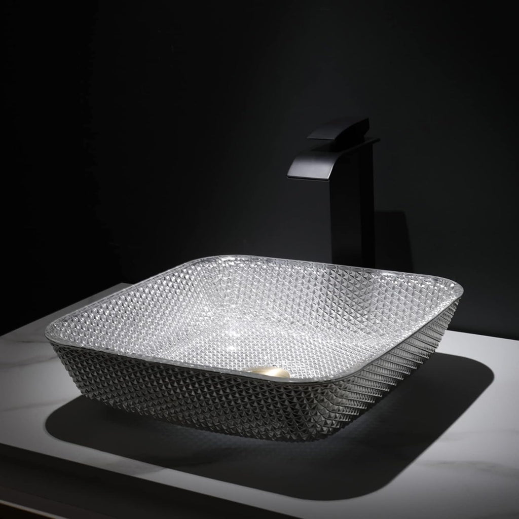 Bathroom Vessel Sink Crystal Glass Vessel Bowl Sink Square Vessel Sink Art Basin Counter Top Installation Bathroom Vanity Sinks with Brass Pop Up Drain-Gold (Silver)