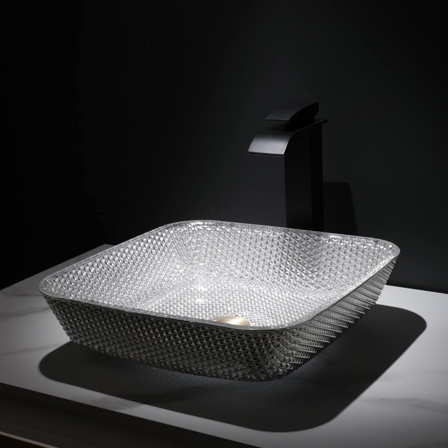 Bathroom Vessel Sink Crystal Glass Vessel Bowl Sink Square Vessel Sink Art Basin Counter Top Installation Bathroom Vanity Sinks with Brass Pop Up Drain-Gold (Silver)