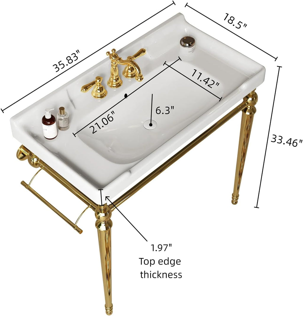 36'' Console Bathroom Sink, Freestanding Console Sink With Stainless Brushed Gold Legs, Modern Bathroom Sink Vanity with 3 Tap Holes and Pop Up Drain, White