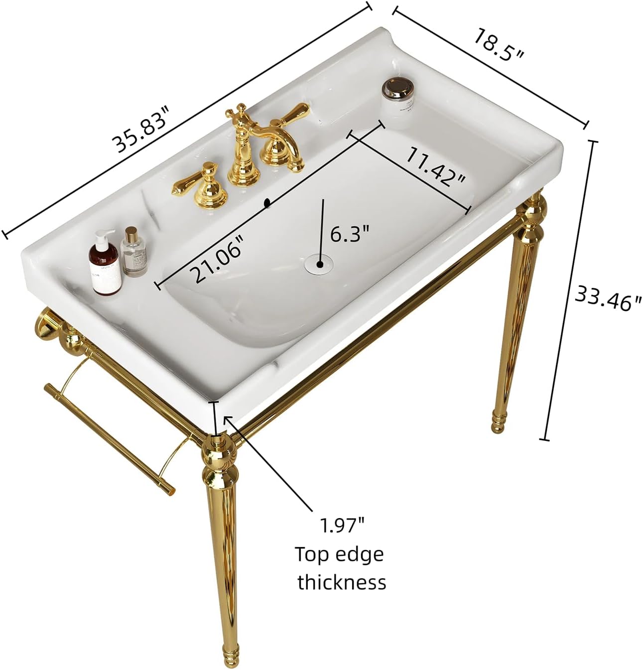 36'' Console Bathroom Sink, Freestanding Console Sink With Stainless Brushed Gold Legs, Modern Bathroom Sink Vanity with 3 Tap Holes and Pop Up Drain, White
