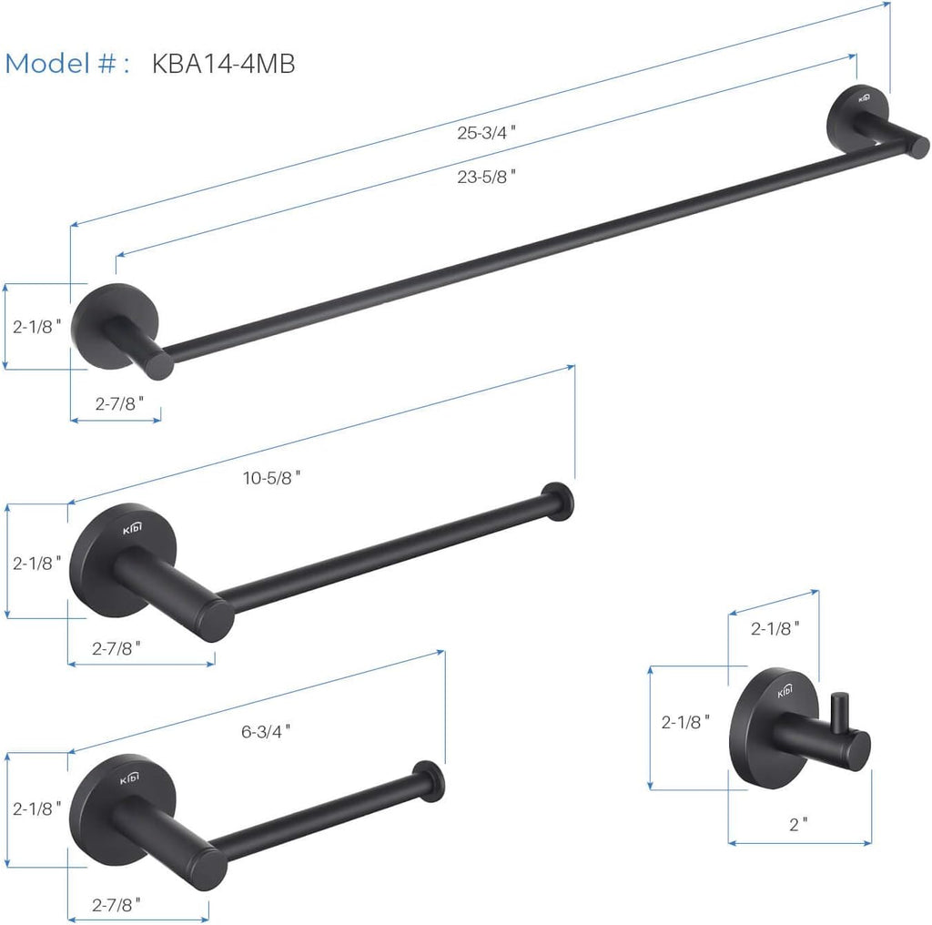 KIBI 4-Piece Circular Bathroom Hardware Set - Matte Black Finish | Includes Towel Bar, Towel Ring, Toilet Paper Holder, and Robe Hook | Durable Solid Brass Construction and Rust-Resistant (C-KBA14-4)