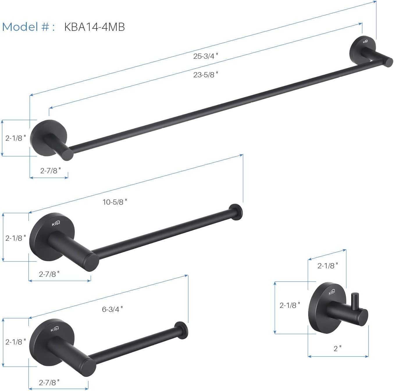 KIBI 4-Piece Circular Bathroom Hardware Set - Matte Black Finish | Includes Towel Bar, Towel Ring, Toilet Paper Holder, and Robe Hook | Durable Solid Brass Construction and Rust-Resistant (C-KBA14-4)