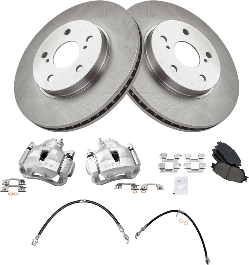 TRQ Front Brake Pad and Rotor Set Ceramic Rotors Calipers Hoses Compatible with 2005-2006 Toyota Camry 2004-2008 Solara