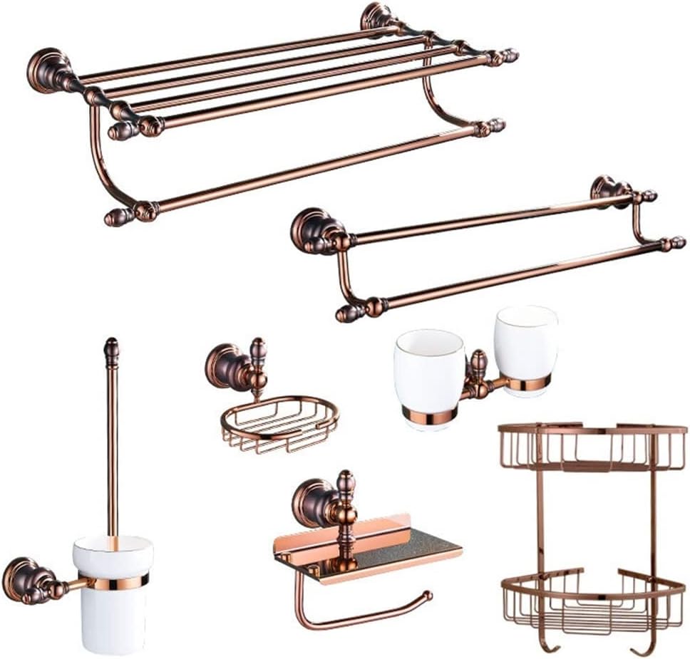 Bathroom Hardware Set Brown Bronze Rose Gold Towel Rack Set Towel Bar Toilet Paper Holder Towel Ring Wall Mounted Bathroom Accessories Kit Wall Mounted,Single Glass(Double Lever)
