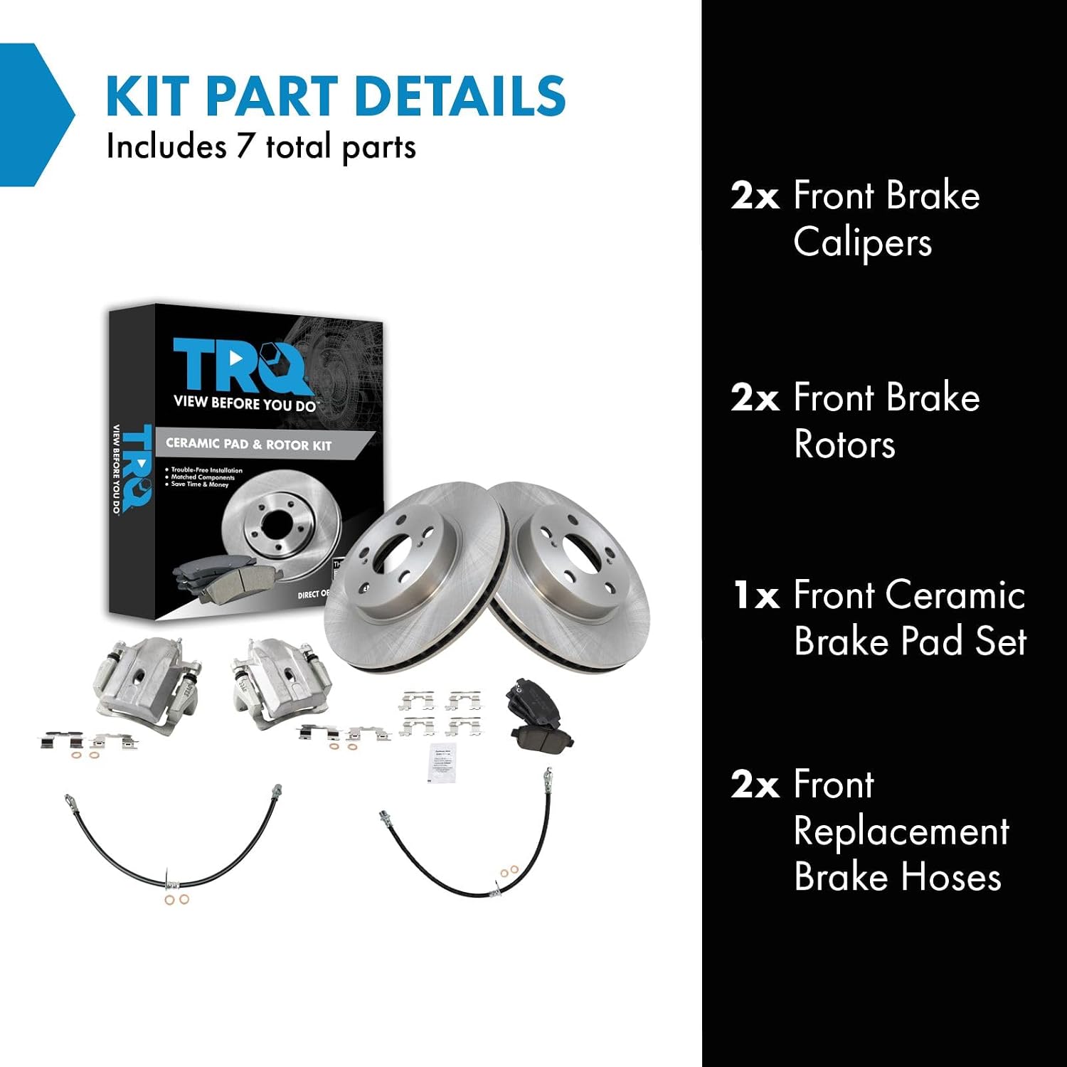 TRQ Front Brake Pad and Rotor Set Ceramic Rotors Calipers Hoses Compatible with 2004-2009 Toyota Prius