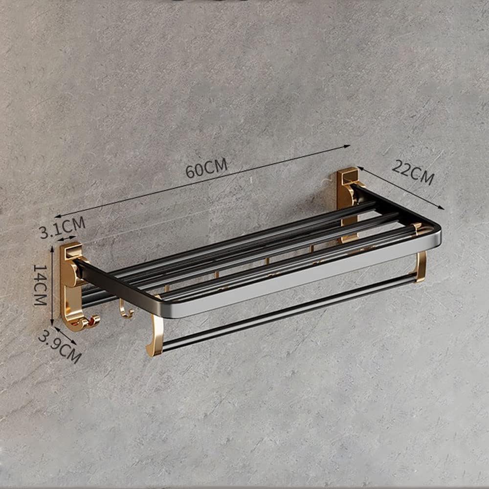 Modern Black and Gold Bathroom Towel Rack with Double Rail and Hooks Wall Mounted Aluminum Towel Storage Holder for No Drill Installation 60cm