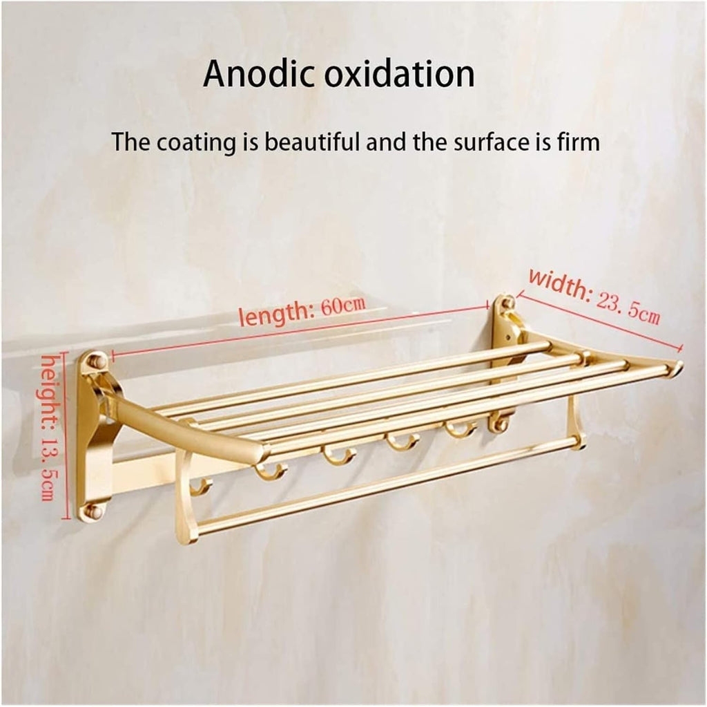 Towel Rack Towel Shelf Bathroom Towel Rail Foldable Double Wall Mounted Towel Holder with Hooks 60cm Aluminum Towel Rack with Multi Towel Bar for Kitchen Bathroom Toilet Hotel Office/Gold