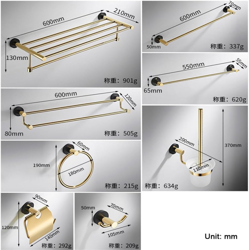 Bathroom Hardware Fixture Set, Towel Bar, Bathroom Towel Rack, Toilet Brush, Toilet Paper Holder, Robe Hooks, Towel Ring (Gold),Single Bar
