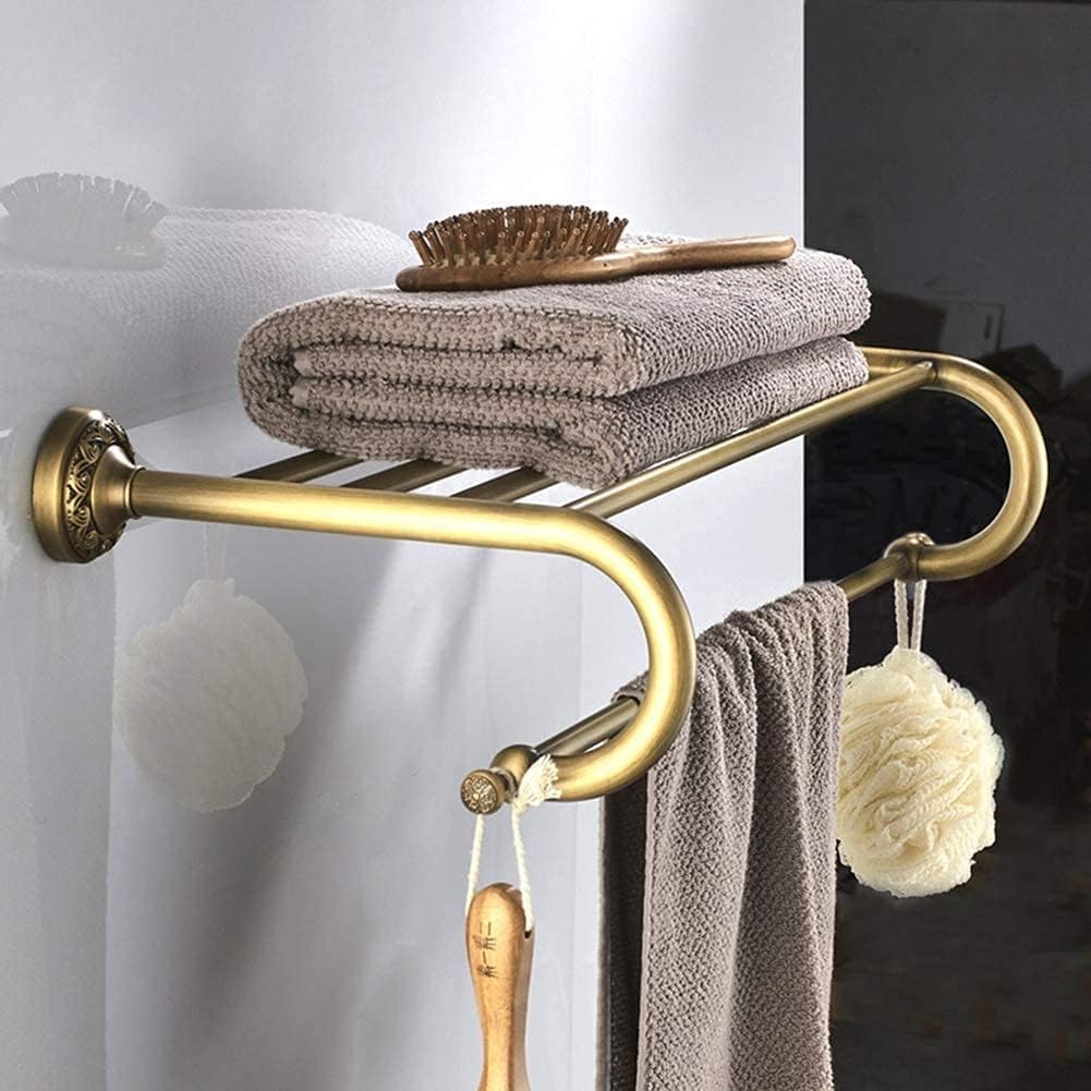 Towel Rack Antique Brass Towel Rail with Double Towel Shelf for Bathroom Wall-Mounted Shower Shelf Organizer Black (Color : Gold)