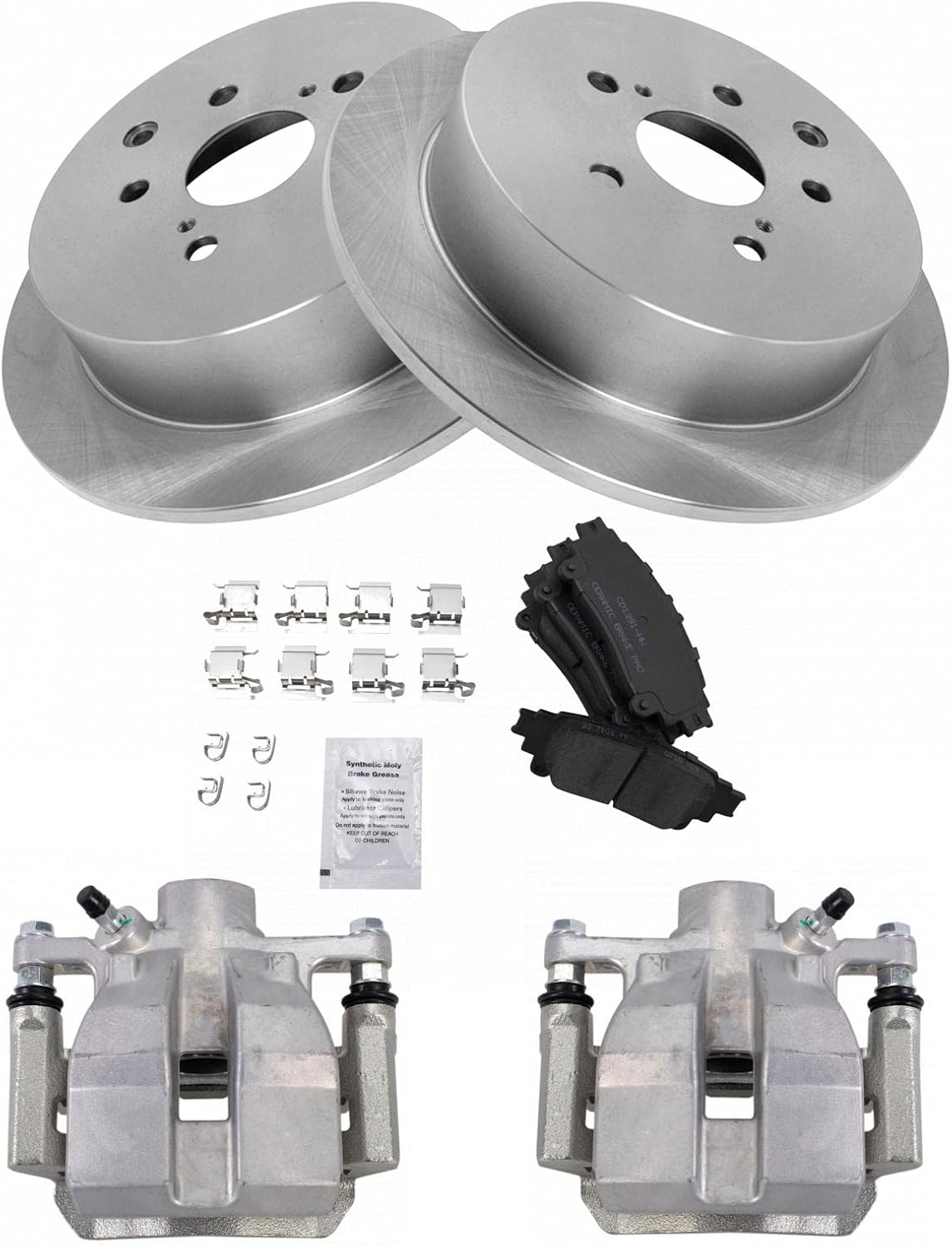 TRQ Rear Brake Pad and Rotor Set Ceramic Rotors Calipers Compatible with 2010-2015 Lexus RX350 2012-2015 RX450h 2014-2018 Toyota Highlander 2011-2018 Sienna