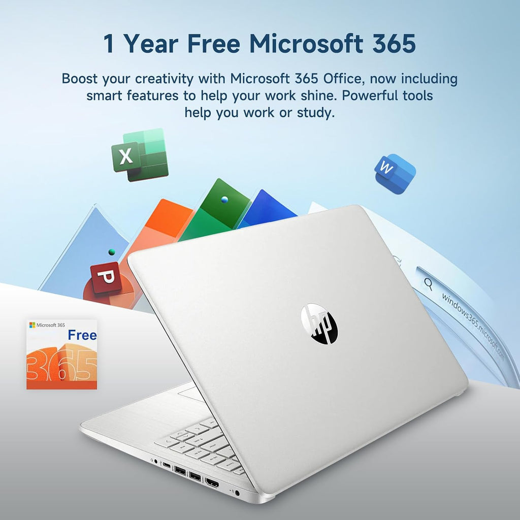 HP 14 Student-Laptop Back to School, Quad-Core Processor (Beat i3) 8GB RAM 192GB Storage(128GB UFS + 64GB SD Card) Laptops for Student with 1-Year Office 365 Copilot AI Win11, Natural Silver
