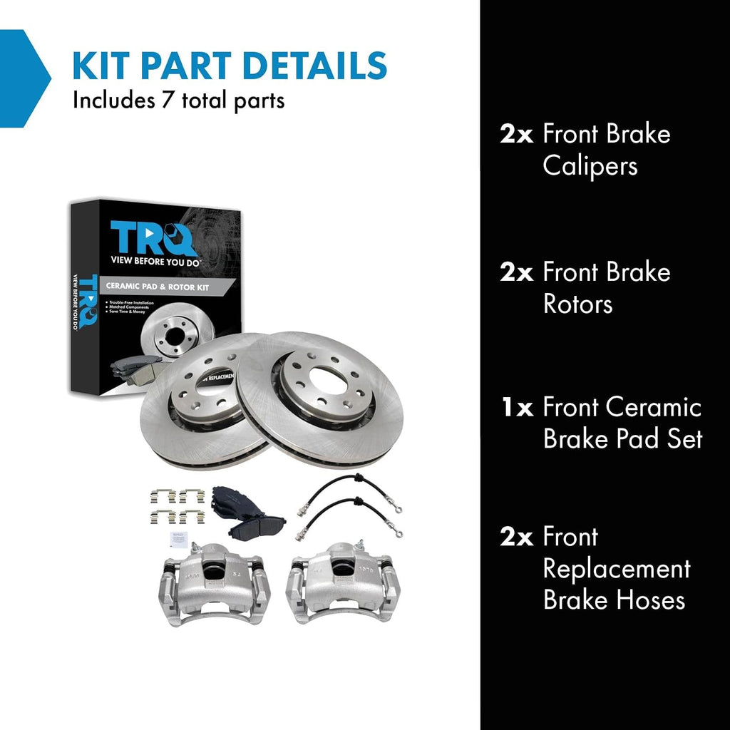 TRQ Front Brake Pad and Rotor Set Ceramic Rotors Calipers Hoses Compatible with 2004-2011 Chevrolet Aveo 2007-2011 Aveo5 2009 Pontiac G3