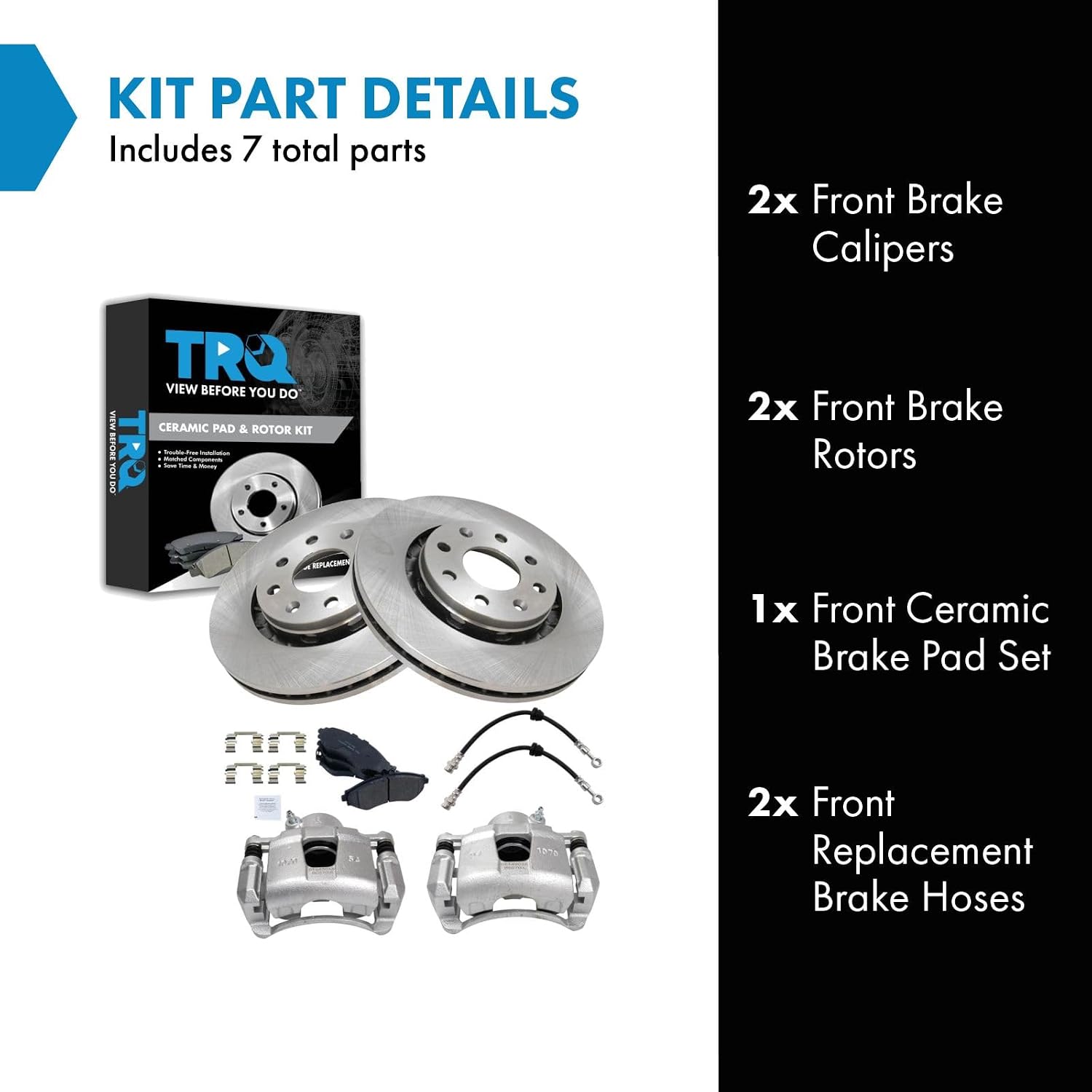 TRQ Front Brake Pad and Rotor Set Ceramic Rotors Calipers Hoses Compatible with 2004-2011 Chevrolet Aveo 2007-2011 Aveo5 2009 Pontiac G3