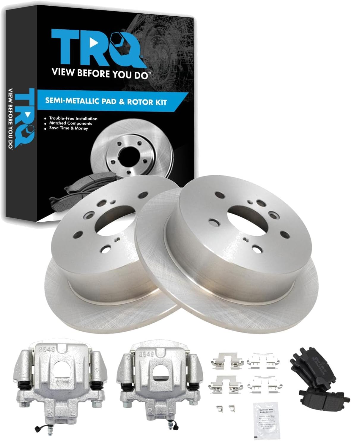 TRQ Rear Brake Pad and Rotor Set Semi Metallic Rotors Calipers Compatible with 2004-2007 Toyota Highlander