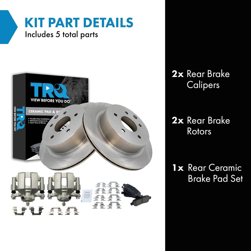 TRQ Rear Brake Pad and Rotor Set Ceramic Vented Rotors Calipers Compatible with 2003-2005 Infiniti G35 2003-2005 Nissan 350Z